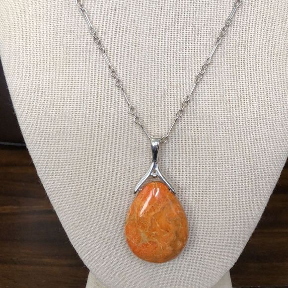 Orange Coral Pendant and Sterling Silver Ornate Necklace NWOT - Picture 2 of 11